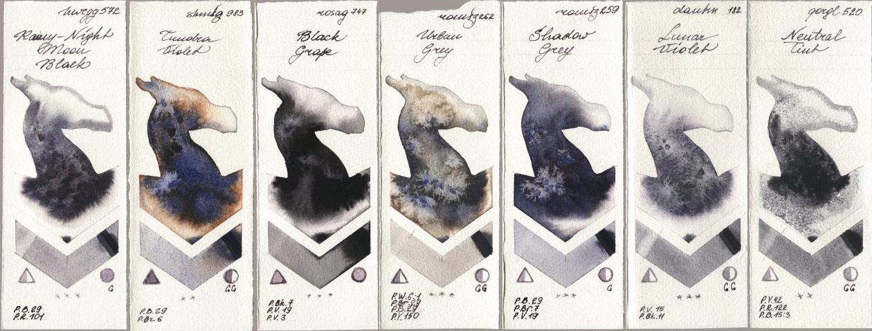 Holbein Artists Watercolor 572 Rainy-Night Moon Back, Shminke Horadam Aquarell 983 Tundra Violet, Rosa Gallery 747 Black Grape, Roman Szmal Aquarius 262 Urban Grey, 259 Shadow Grey, Daniel Smith 182 Lunar Violet, Golden QOR 520 Neutral Ti watercolor swatch