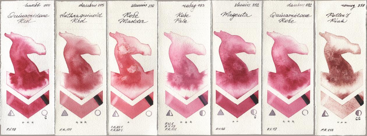 Holbein Artists Watercolor 005 Quinacridone Red, Daniel Smith 005 Anthraquinoid Red, Shminke Horadam Aquarell 356 Rose Madder, Rosa Gallery 793 Rose Pale, 352 Magenta, 092 Quinacridone Rose, Roman Szmal Aquarius 359 Potters Pi watercolor swatch