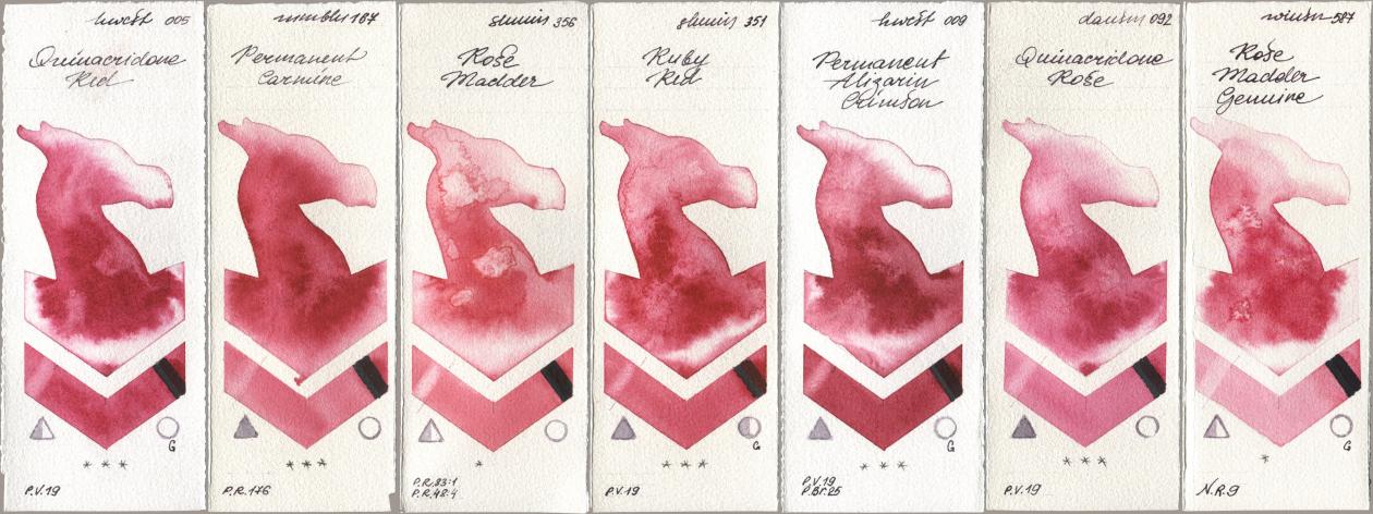 Holbein Artists Watercolor 005 Quinacridone Red, Maimeri Blu 167 Permanent Carmine, Shminke Horadam Aquarell 356 Rose Madder, 351 Ruby Red, 009 Permanent Alizarin Crimson, Daniel Smith 092 Quinacridone Rose, Winsor & Newton Professional 587 Rose Madder Genui watercolor swatch