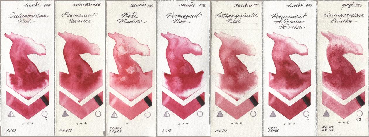 Holbein Artists Watercolor 005 Quinacridone Red, Maimeri Blu 167 Permanent Carmine, Shminke Horadam Aquarell 356 Rose Madder, Winsor & Newton Professional 502 Permanent Rose, Daniel Smith 005 Anthraquinoid Red, 009 Permanent Alizarin Crimson, Golden QOR 260 Quinacridone Crims watercolor swatch