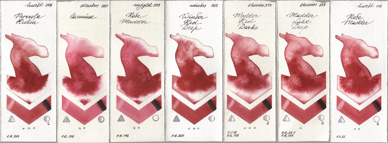 Holbein Artists Watercolor 006 Pyrrole Rubin, Daniel Smith 020 Carmine, Mijello Mission Gold 513 Rose Madder, Winsor & Newton Professional 725 Winsor Red Deep, Shminke Horadam Aquarell 354 Madder Red Dark, 358 Madder Lake Deep, 012 Rose Madd watercolor swatch