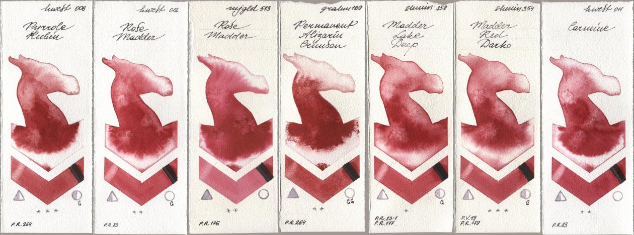 Holbein Artists Watercolor 006 Pyrrole Rubin, 012 Rose Madder, Mijello Mission Gold 513 Rose Madder, M. Graham & Co. Artists 129 Permanent Alizarin Crimson, Shminke Horadam Aquarell 358 Madder Lake Deep, 354 Madder Red Dark, 011 Carmi watercolor swatch