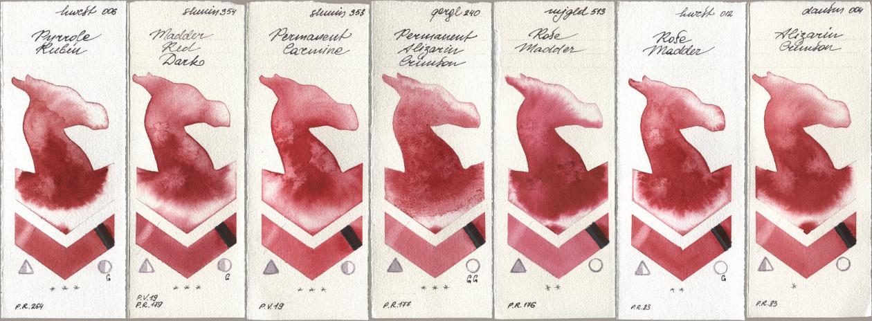 Holbein Artists Watercolor 006 Pyrrole Rubin, Shminke Horadam Aquarell 354 Madder Red Dark, 353 Permanent Carmine, Golden QOR 240 Permanent Alizarin Crimson, Mijello Mission Gold 513 Rose Madder, 012 Rose Madder, Daniel Smith 004 Alizarin Crims watercolor swatch