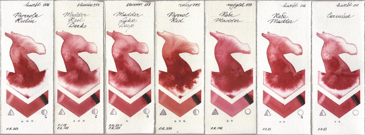 Holbein Artists Watercolor 006 Pyrrole Rubin, Shminke Horadam Aquarell 354 Madder Red Dark, 358 Madder Lake Deep, Rosa Gallery 775 Pyrrole Red, Mijello Mission Gold 513 Rose Madder, 012 Rose Madder, 011 Carmi watercolor swatch