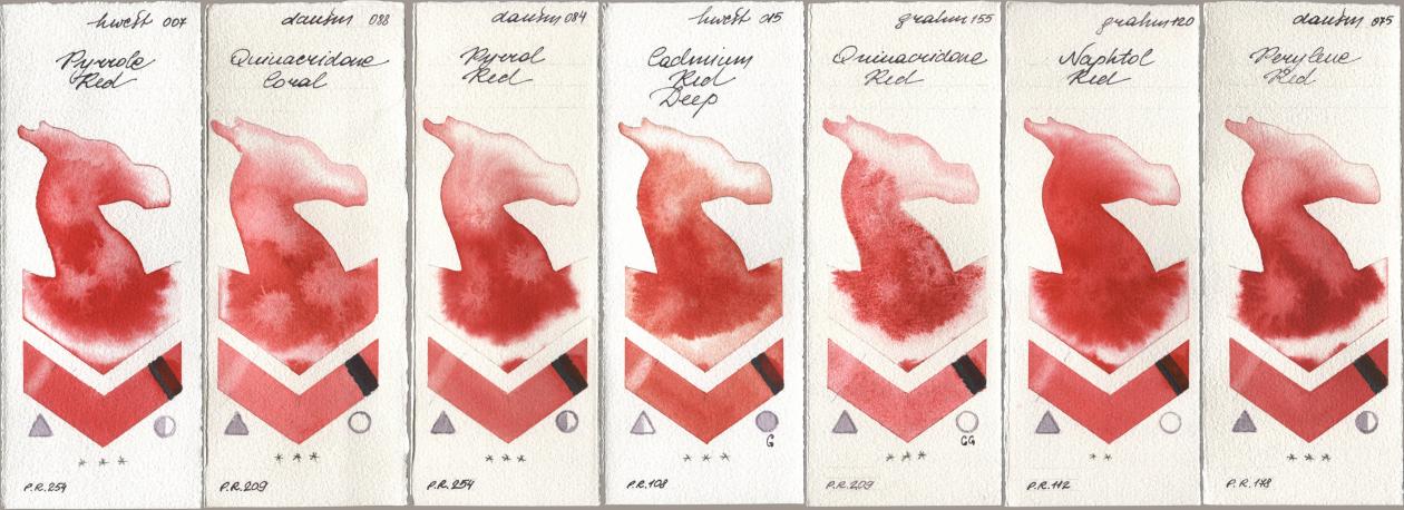 Holbein Artists Watercolor 007 Pyrrole Red, Daniel Smith 088 Quinacridone Coral, 084 Pyrrol Red, 015 Cadmium Red Deep, M. Graham & Co. Artists 155 Quinacridone Red, 120 Naphthol Red, 075 Perylene R watercolor swatch