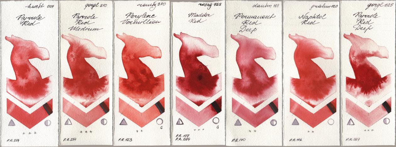 Holbein Artists Watercolor 007 Pyrrole Red, Golden QOR 210 Pyrrole Red Medium, Roman Szmal Aquarius 370 Perylene Vermillion, Rosa Gallery 725 Madder Red, Daniel Smith 069 Permanent Red Deep, M. Graham & Co. Artists 120 Naphthol Red, 225 Pyrrole Red De watercolor swatch