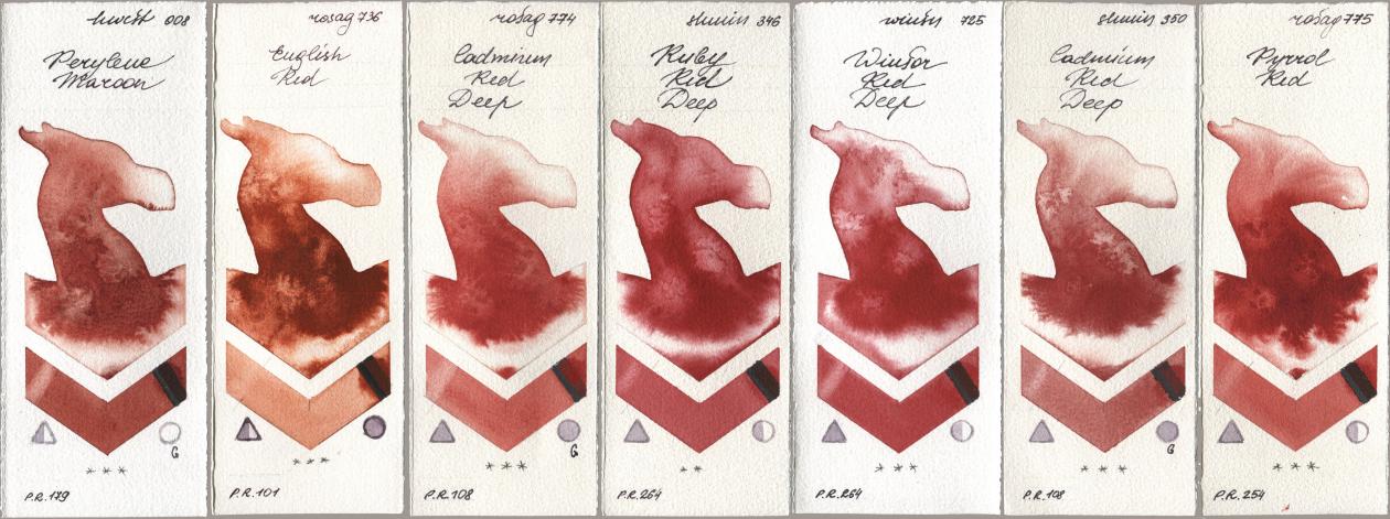Holbein Artists Watercolor 008 Perylene Maroon, Rosa Gallery 736 English Red, 774 Cadmium Red Deep, Shminke Horadam Aquarell 346 Ruby Red Deep, Winsor & Newton Professional 725 Winsor Red Deep, 350 Cadmium Red Deep, 775 Pyrrole R watercolor swatch