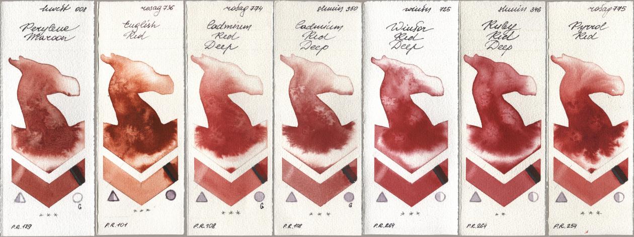 Holbein Artists Watercolor 008 Perylene Maroon, Rosa Gallery 736 English Red, 774 Cadmium Red Deep, Shminke Horadam Aquarell 350 Cadmium Red Deep, Winsor & Newton Professional 725 Winsor Red Deep, 346 Ruby Red Deep, 775 Pyrrole R watercolor swatch
