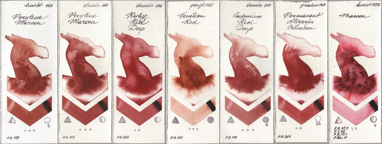 Holbein Artists Watercolor 008 Perylene Maroon, Shminke Horadam Aquarell 366 Perylene Maroon, 346 Ruby Red Deep, Golden QOR 465 Venetian Red, 350 Cadmium Red Deep, M. Graham & Co. Artists 129 Permanent Alizarin Crimson, Kuretake Gansai Tambi 072 Maro watercolor swatch