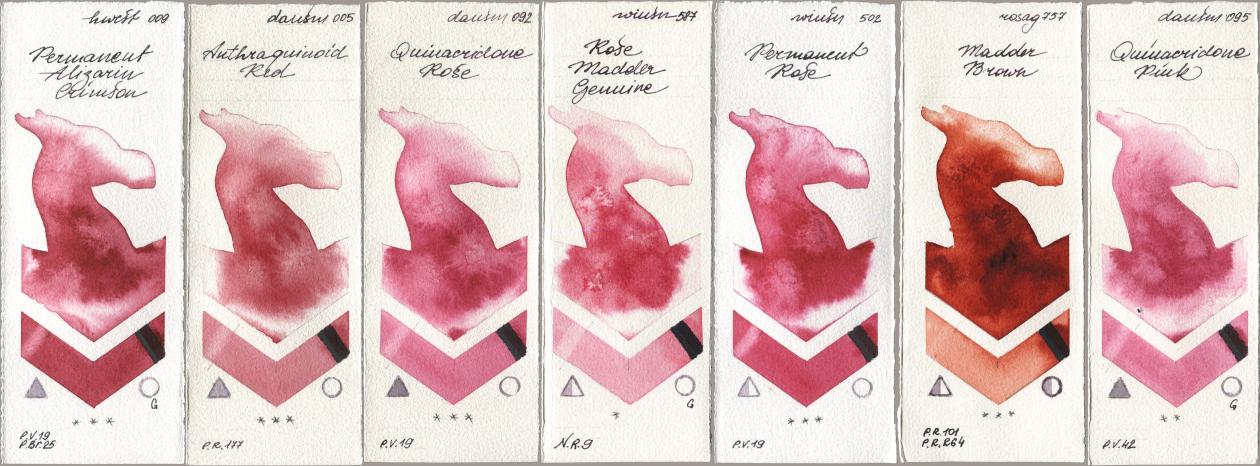 Holbein Artists Watercolor 009 Permanent Alizarin Crimson, Daniel Smith 005 Anthraquinoid Red, 092 Quinacridone Rose, Winsor & Newton Professional 587 Rose Madder Genuine, 502 Permanent Rose, Rosa Gallery 757 Madder Brown, 095 Quinacridone Pi watercolor swatch