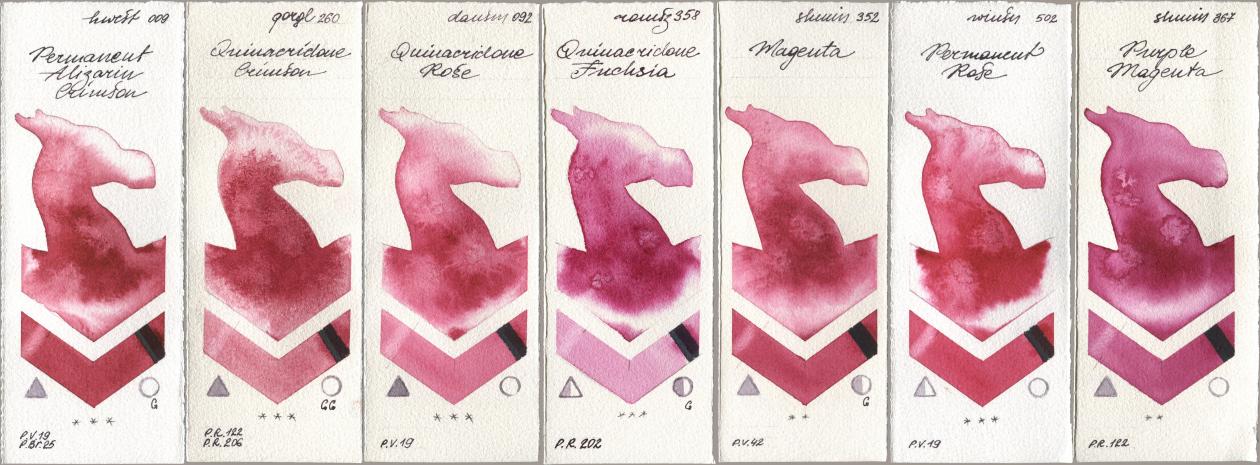 Holbein Artists Watercolor 009 Permanent Alizarin Crimson, Golden QOR 260 Quinacridone Crimson, Daniel Smith 092 Quinacridone Rose, Roman Szmal Aquarius 358 Quinacridone Fuchsia, Shminke Horadam Aquarell 352 Magenta, Winsor & Newton Professional 502 Permanent Rose, 367 Purple Magen watercolor swatch