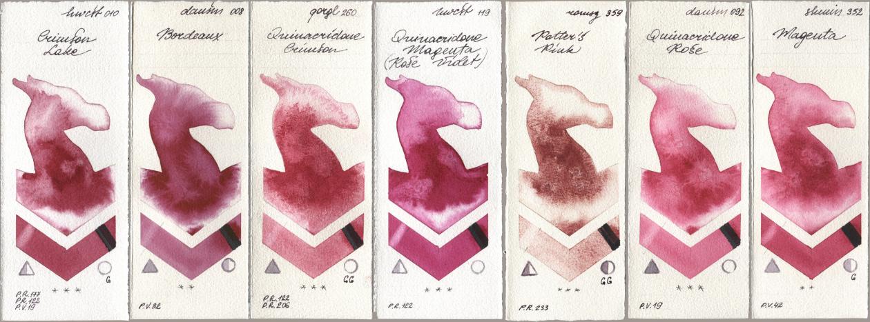 Holbein Artists Watercolor 010 Crimson Lake, Daniel Smith 008 Bordeaux, Golden QOR 260 Quinacridone Crimson, 119 Quinacridone Magenta (Rose Violet), Roman Szmal Aquarius 359 Potters Pink, 092 Quinacridone Rose, Shminke Horadam Aquarell 352 Magen watercolor swatch