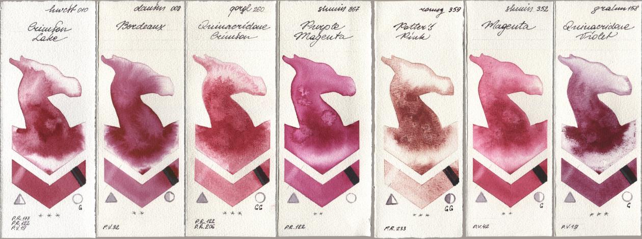 Holbein Artists Watercolor 010 Crimson Lake, Daniel Smith 008 Bordeaux, Golden QOR 260 Quinacridone Crimson, Shminke Horadam Aquarell 367 Purple Magenta, Roman Szmal Aquarius 359 Potters Pink, 352 Magenta, M. Graham & Co. Artists 158 Quinacridone Viol watercolor swatch