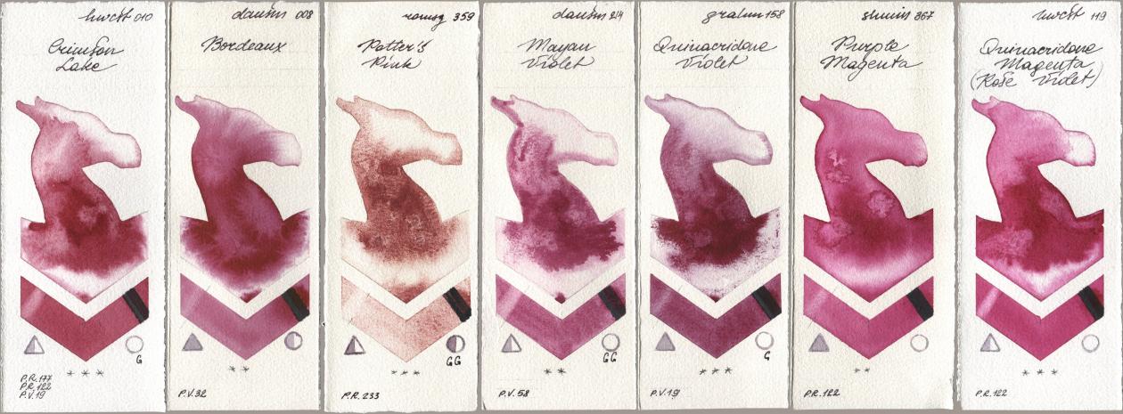 Holbein Artists Watercolor 010 Crimson Lake, Daniel Smith 008 Bordeaux, Roman Szmal Aquarius 359 Potters Pink, 214 Mayan Violet, M. Graham & Co. Artists 158 Quinacridone Violet, Shminke Horadam Aquarell 367 Purple Magenta, 119 Quinacridone Magenta (Rose Viole watercolor swatch
