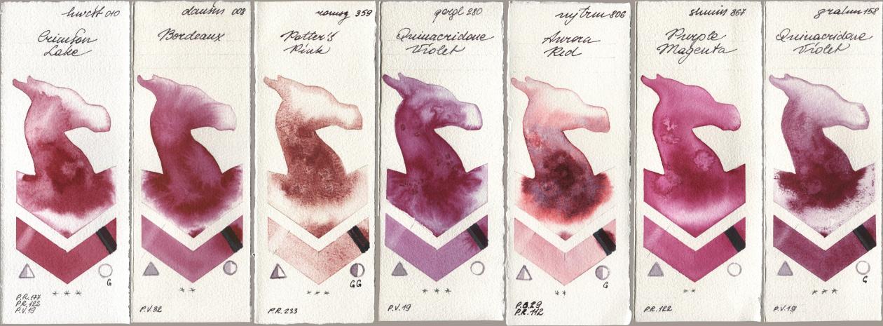 Holbein Artists Watercolor 010 Crimson Lake, Daniel Smith 008 Bordeaux, Roman Szmal Aquarius 359 Potters Pink, Golden QOR 280 Quinacridone Violet, Mijello Mission Gold 806 Aurora Red, Shminke Horadam Aquarell 367 Purple Magenta, M. Graham & Co. Artists 158 Quinacridone Viol watercolor swatch