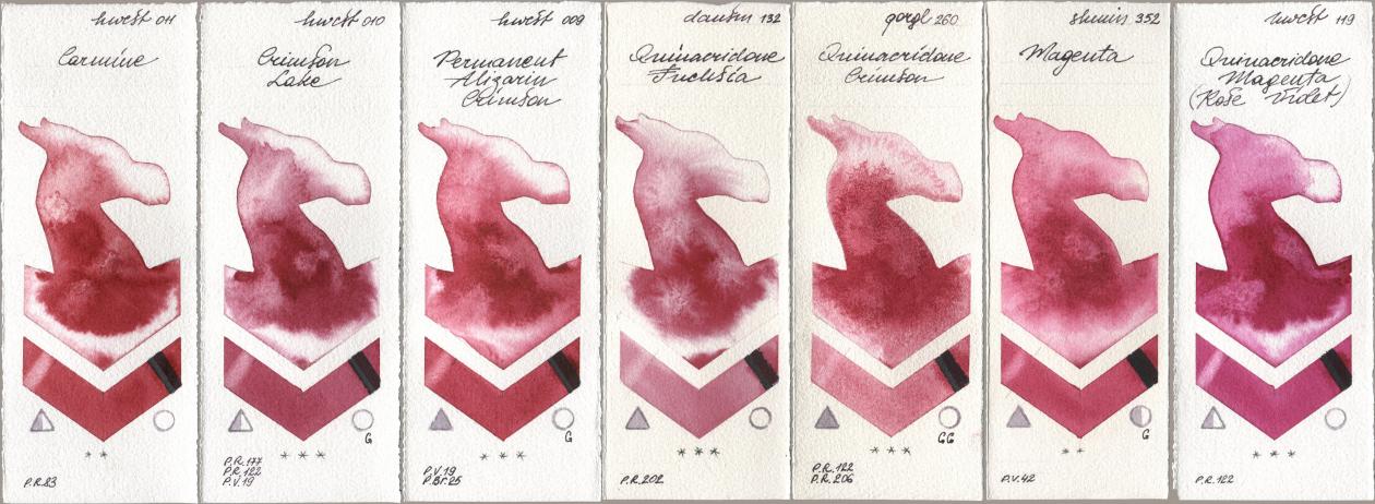 Holbein Artists Watercolor 011 Carmine, 010 Crimson Lake, 009 Permanent Alizarin Crimson, Daniel Smith 132 Quinacridone Fuchsia, Golden QOR 260 Quinacridone Crimson, Shminke Horadam Aquarell 352 Magenta, 119 Quinacridone Magenta (Rose Viole watercolor swatch