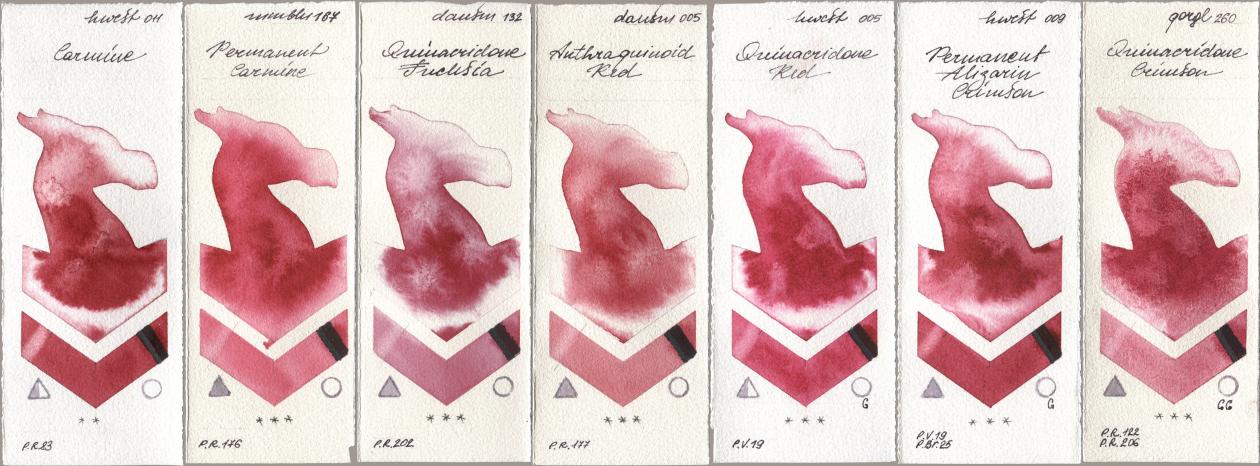 Holbein Artists Watercolor 011 Carmine, Maimeri Blu 167 Permanent Carmine, Daniel Smith 132 Quinacridone Fuchsia, 005 Anthraquinoid Red, 005 Quinacridone Red, 009 Permanent Alizarin Crimson, Golden QOR 260 Quinacridone Crims watercolor swatch