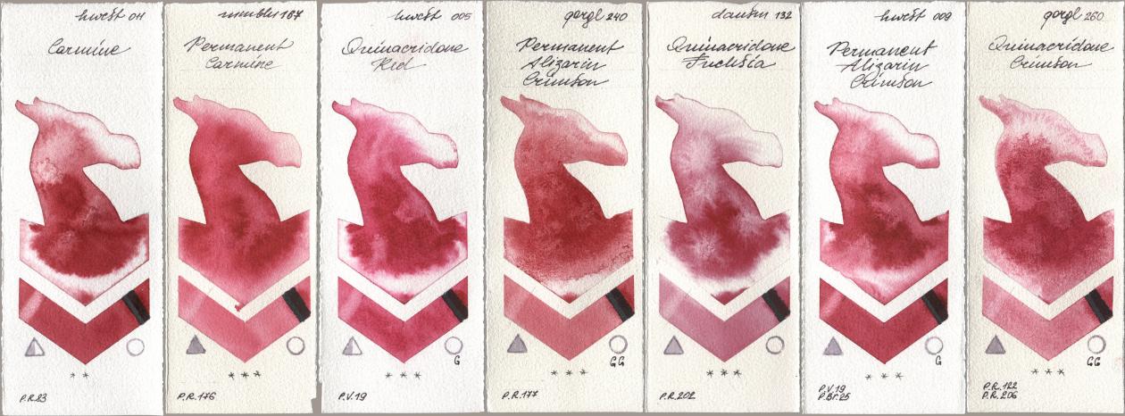 Holbein Artists Watercolor 011 Carmine, Maimeri Blu 167 Permanent Carmine, 005 Quinacridone Red, Golden QOR 240 Permanent Alizarin Crimson, Daniel Smith 132 Quinacridone Fuchsia, 009 Permanent Alizarin Crimson, 260 Quinacridone Crims watercolor swatch