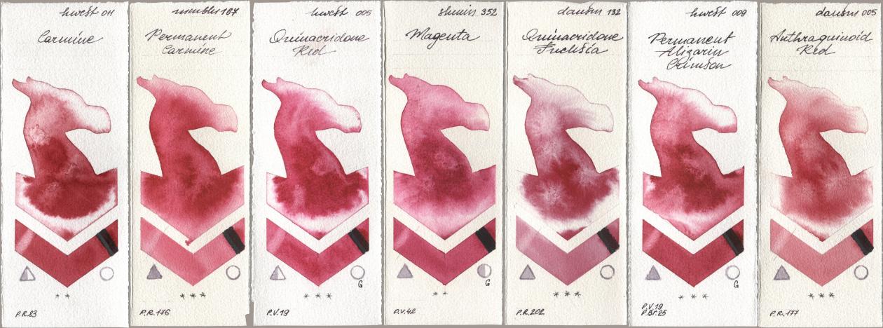 Holbein Artists Watercolor 011 Carmine, Maimeri Blu 167 Permanent Carmine, 005 Quinacridone Red, Shminke Horadam Aquarell 352 Magenta, Daniel Smith 132 Quinacridone Fuchsia, 009 Permanent Alizarin Crimson, 005 Anthraquinoid R watercolor swatch