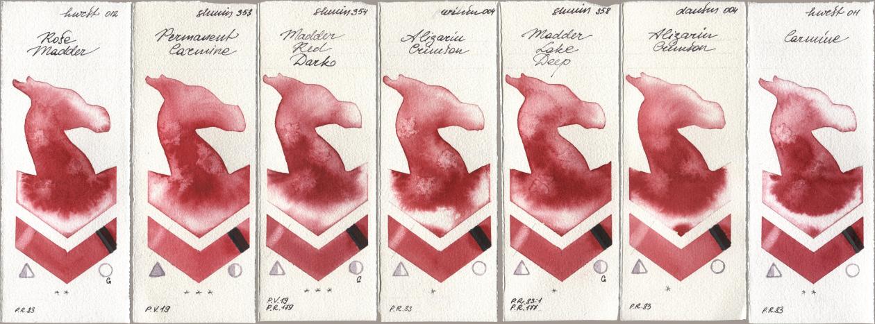 Holbein Artists Watercolor 012 Rose Madder, Shminke Horadam Aquarell 353 Permanent Carmine, 354 Madder Red Dark, Winsor & Newton Professional 004 Alizarin Crimson, 358 Madder Lake Deep, Daniel Smith 004 Alizarin Crimson, 011 Carmi watercolor swatch