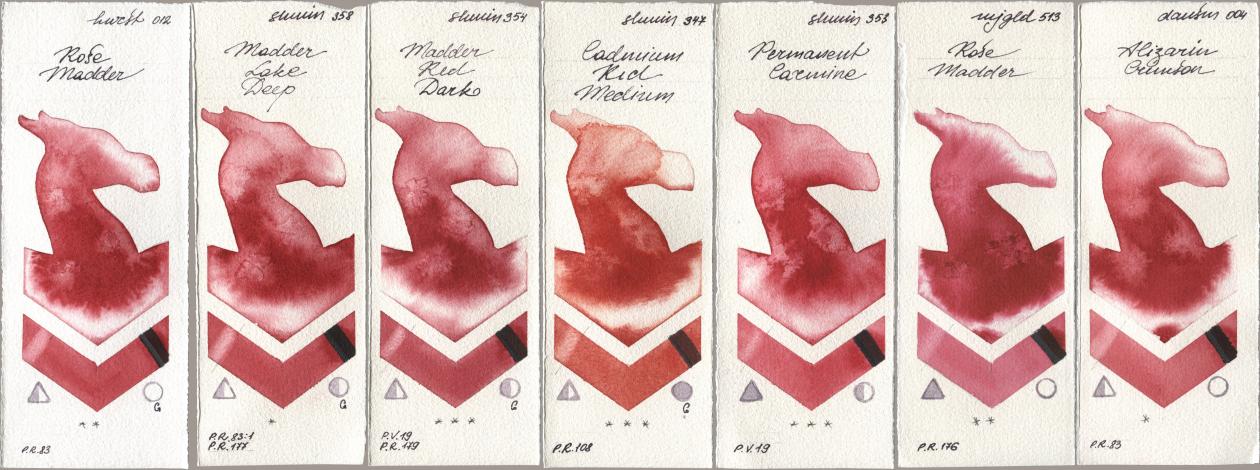 Holbein Artists Watercolor 012 Rose Madder, Shminke Horadam Aquarell 358 Madder Lake Deep, 354 Madder Red Dark, 347 Cadmium Red Medium, 353 Permanent Carmine, Mijello Mission Gold 513 Rose Madder, Daniel Smith 004 Alizarin Crims watercolor swatch
