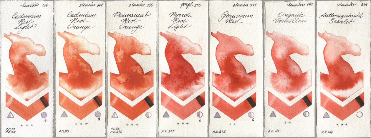 Holbein Artists Watercolor 014 Cadmium Red Light, Shminke Horadam Aquarell 348 Cadmium Red Orange, 360 Permanent Red Orange, Golden QOR 200 Pyrrole Red Light, 341 Geranium Red, Daniel Smith 064 Organic Vermilion, 224 Anthraquinoid Scarl watercolor swatch