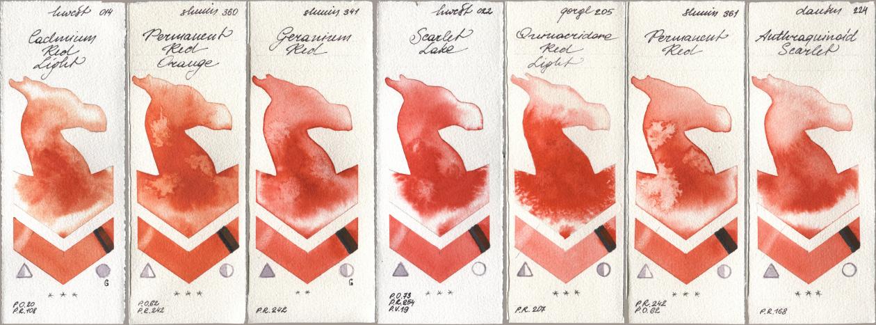 Holbein Artists Watercolor 014 Cadmium Red Light, Shminke Horadam Aquarell 360 Permanent Red Orange, 341 Geranium Red, 022 Scarlet Lake, Golden QOR 205 Quinacridone Red Light, 361 Permanent Red, Daniel Smith 224 Anthraquinoid Scarl watercolor swatch