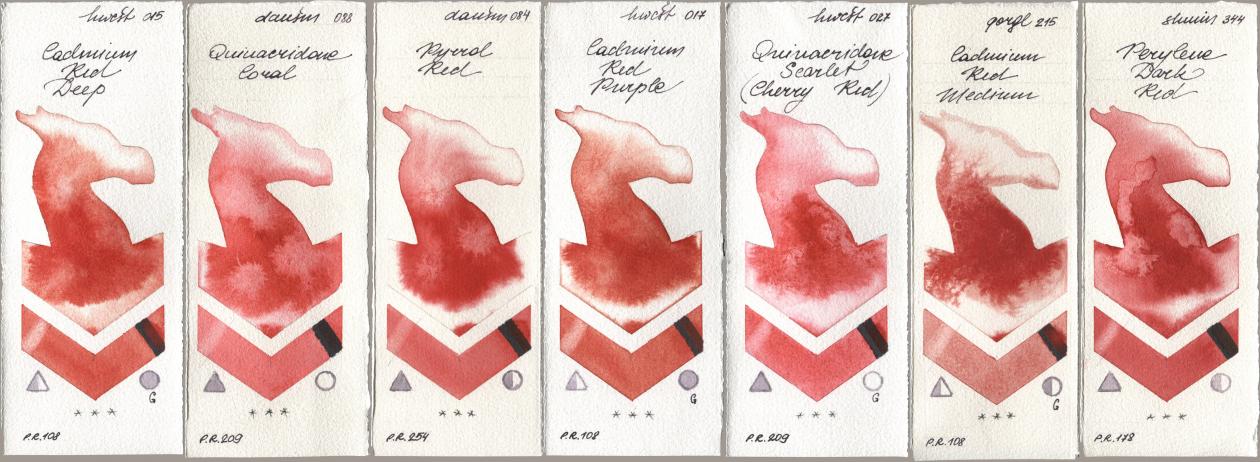 Holbein Artists Watercolor 015 Cadmium Red Deep, Daniel Smith 088 Quinacridone Coral, 084 Pyrrol Red, 017 Cadmium Red Purple, 027 Quinacridone Scarlet (Cherry Red), Golden QOR 215 Cadmium Red Medium, Shminke Horadam Aquarell 344 Perylene Dark R watercolor swatch