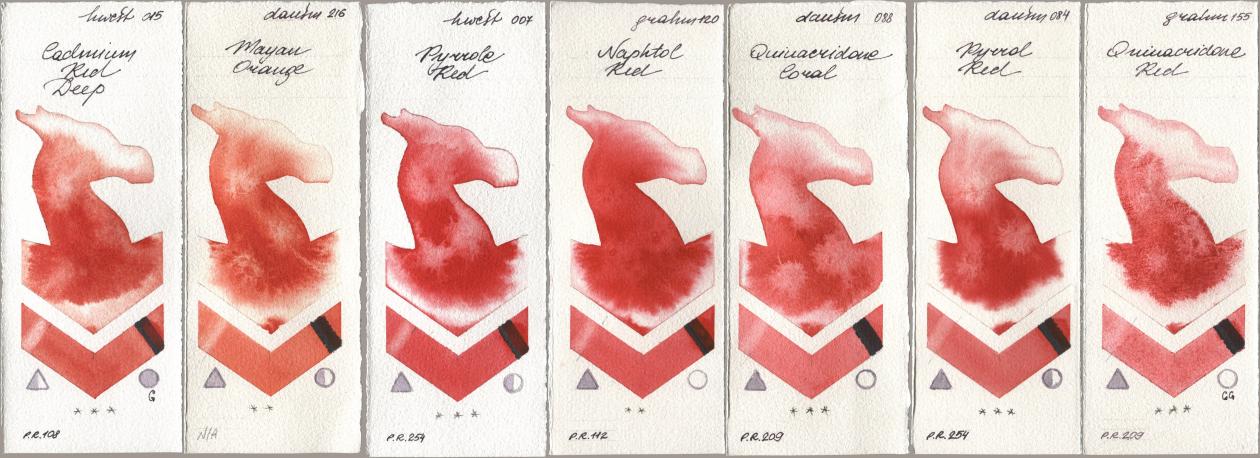 Holbein Artists Watercolor 015 Cadmium Red Deep, Daniel Smith 216 Mayan Orange, 007 Pyrrole Red, M. Graham & Co. Artists 120 Naphthol Red, 088 Quinacridone Coral, 084 Pyrrol Red, 155 Quinacridone R watercolor swatch