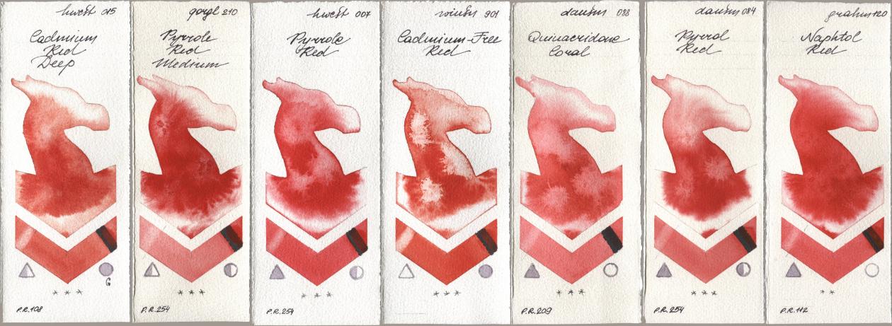Holbein Artists Watercolor 015 Cadmium Red Deep, Golden QOR 210 Pyrrole Red Medium, 007 Pyrrole Red, Winsor & Newton Professional 901 Cadmium-Free Red, Daniel Smith 088 Quinacridone Coral, 084 Pyrrol Red, M. Graham & Co. Artists 120 Naphthol R watercolor swatch