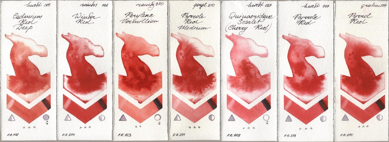Holbein Artists Watercolor 015 Cadmium Red Deep, Winsor & Newton Professional 726 Winsor Red, Roman Szmal Aquarius 370 Perylene Vermillion, Golden QOR 210 Pyrrole Red Medium, 027 Quinacridone Scarlet (Cherry Red), 007 Pyrrole Red, M. Graham & Co. Artists 154 Pyrrol R watercolor swatch