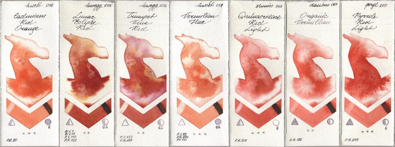 Holbein Artists Watercolor 016 Cadmium Red Orange, 505 Lunar Eclipse Red, 502 Trumpet Vine Red, 019 Vermilion Hue, Shminke Horadam Aquarell 343 Quinacridone Red Light, Daniel Smith 064 Organic Vermilion, Golden QOR 200 Pyrrole Red Lig watercolor swatch