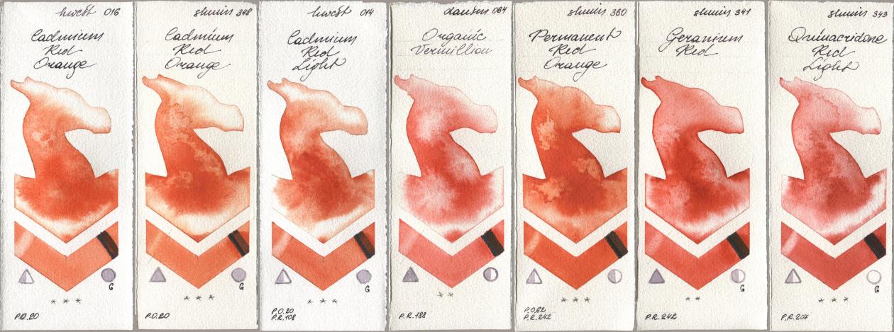 Holbein Artists Watercolor 016 Cadmium Red Orange, Shminke Horadam Aquarell 348 Cadmium Red Orange, 014 Cadmium Red Light, Daniel Smith 064 Organic Vermilion, 360 Permanent Red Orange, 341 Geranium Red, 343 Quinacridone Red Lig watercolor swatch