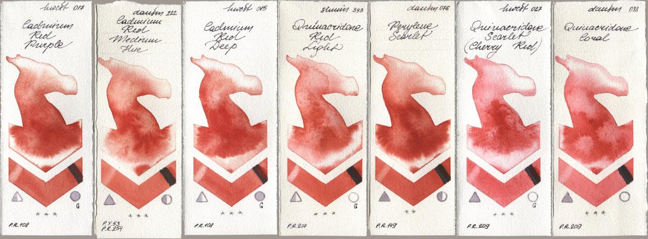 Holbein Artists Watercolor 017 Cadmium Red Purple, Daniel Smith 222 Cadmium Red Medium Hue, 015 Cadmium Red Deep, Shminke Horadam Aquarell 343 Quinacridone Red Light, 076 Perylene Scarlet, 027 Quinacridone Scarlet (Cherry Red), 088 Quinacridone Cor watercolor swatch