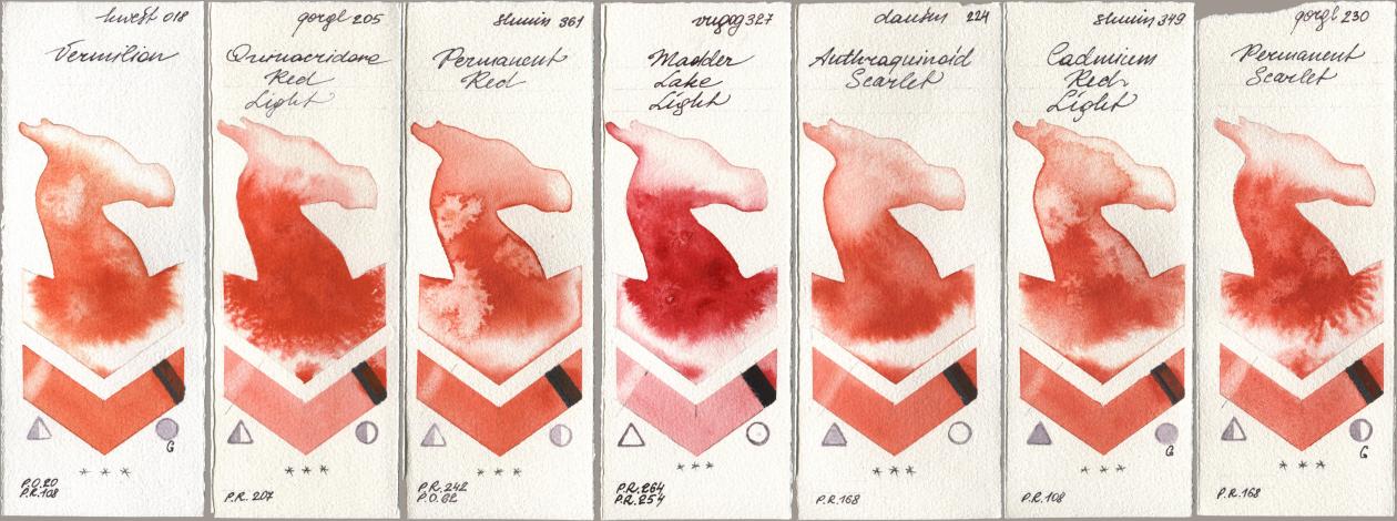 Holbein Artists Watercolor 018 Vermilion, Golden QOR 205 Quinacridone Red Light, Shminke Horadam Aquarell 361 Permanent Red, Royal Talens Van Gogh Watercolour 327 Madder Lake Light, Daniel Smith 224 Anthraquinoid Scarlet, 349 Cadmium Red Light, 230 Permanent Scarl watercolor swatch