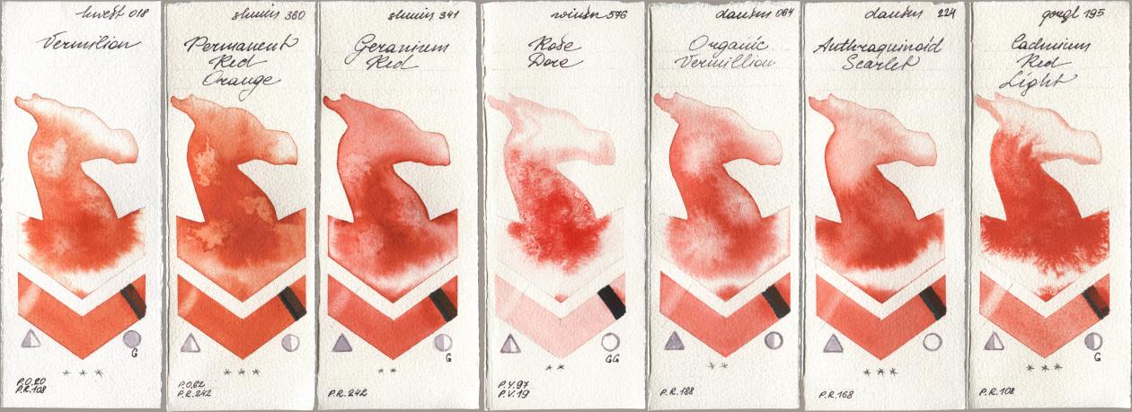 Holbein Artists Watercolor 018 Vermilion, Shminke Horadam Aquarell 360 Permanent Red Orange, 341 Geranium Red, Winsor & Newton Professional 576 Rose Dore, Daniel Smith 064 Organic Vermilion, 224 Anthraquinoid Scarlet, Golden QOR 195 Cadmium Red Lig watercolor swatch