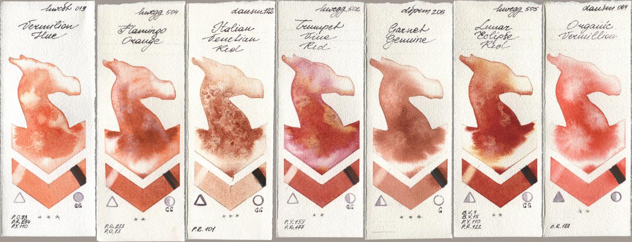 Holbein Artists Watercolor 019 Vermilion Hue, 504 Flamingo Orange, Daniel Smith 122 Italian Venetian Red, 502 Trumpet Vine Red, 205 Garnet Genuine, 505 Lunar Eclipse Red, 064 Organic Vermili watercolor swatch