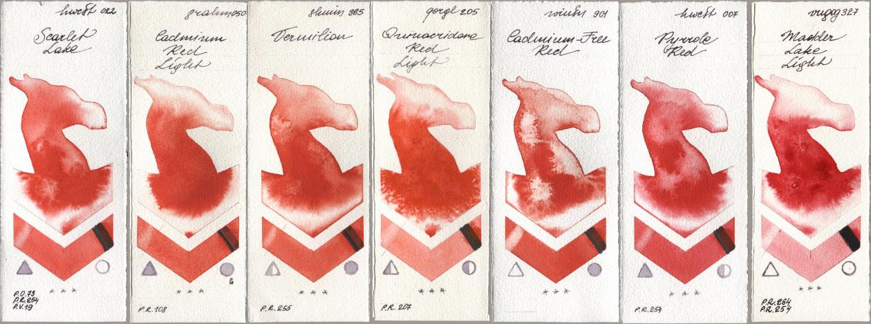 Holbein Artists Watercolor 022 Scarlet Lake, M. Graham & Co. Artists 050 Cadmium Red Light, Shminke Horadam Aquarell 365 Vermilion, Golden QOR 205 Quinacridone Red Light, Winsor & Newton Professional 901 Cadmium-Free Red, 007 Pyrrole Red, Royal Talens Van Gogh Watercolour 327 Madder Lake Lig watercolor swatch
