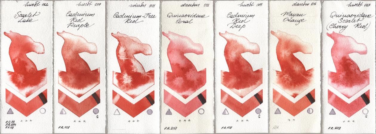 Holbein Artists Watercolor 022 Scarlet Lake, 017 Cadmium Red Purple, Winsor & Newton Professional 901 Cadmium-Free Red, Daniel Smith 088 Quinacridone Coral, 015 Cadmium Red Deep, 216 Mayan Orange, 027 Quinacridone Scarlet (Cherry Re watercolor swatch