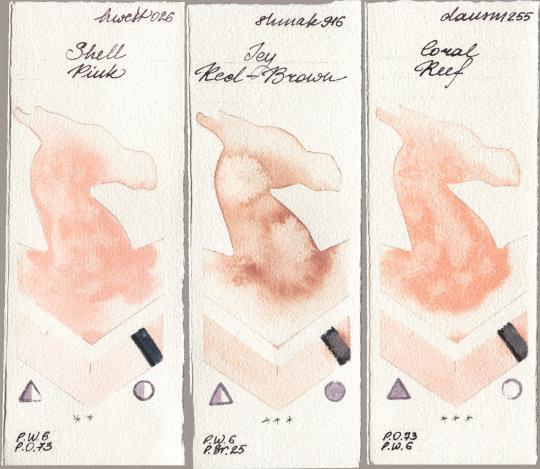 Holbein Artists Watercolor 026 Shell Pink, Shminke Akademie Aquarell 916 Icy Red-Brown, Daniel Smith 255 Coral Re watercolor swatch