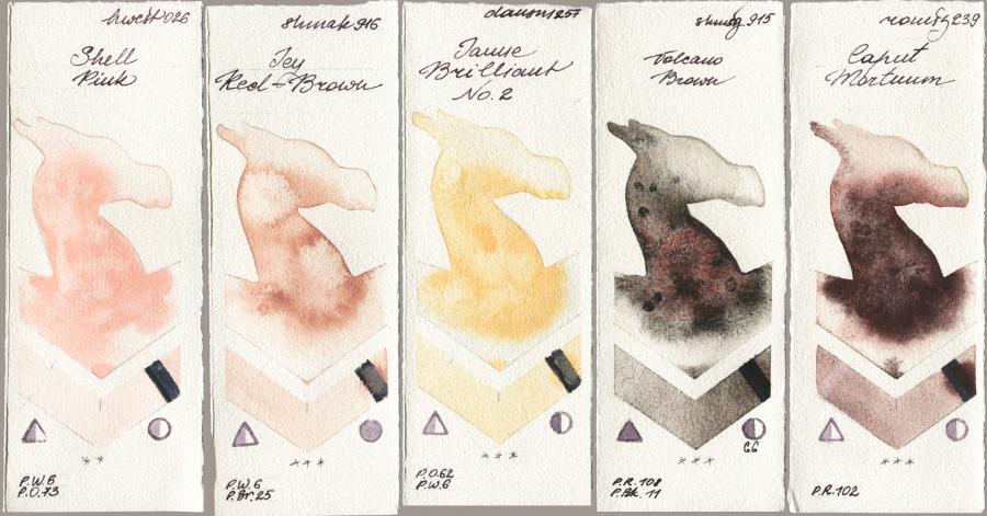 Holbein Artists Watercolor 026 Shell Pink vs Shminke Akademie Aquarell 916 Icy Red-Brown vs Daniel Smith 257 Jaune Brilliant No 2 vs Shminke Horadam Aquarell 915 Volcano Brown vs Roman Szmal Aquarius 239 Caput Mortuum watercolor swatch