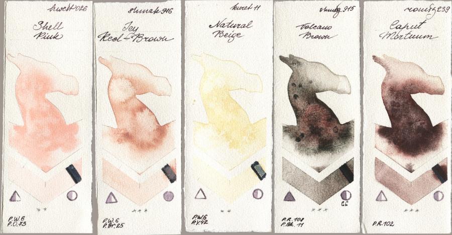 Holbein Artists Watercolor 026 Shell Pink vs Shminke Akademie Aquarell 916 Icy Red-Brown vs Kuretake Gansai Tambi 011 Natural Beige vs Shminke Horadam Aquarell 915 Volcano Brown vs Roman Szmal Aquarius 239 Caput Mortuum watercolor swatch