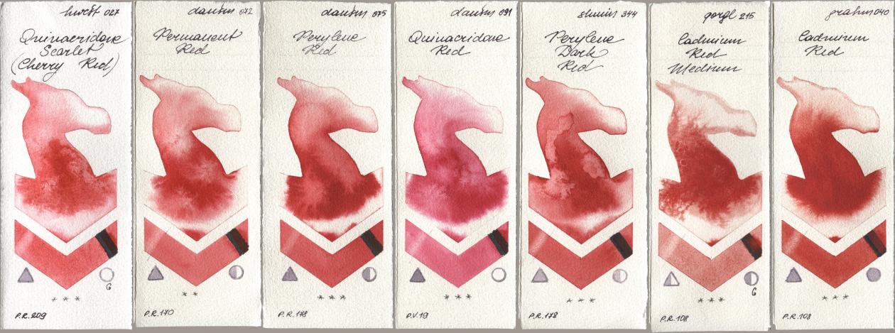 Holbein Artists Watercolor 027 Quinacridone Scarlet (Cherry Red), Daniel Smith 072 Permanent Red, 075 Perylene Red, 091 Quinacridone Red, Shminke Horadam Aquarell 344 Perylene Dark Red, Golden QOR 215 Cadmium Red Medium, M. Graham & Co. Artists 040 Cadmium R watercolor swatch