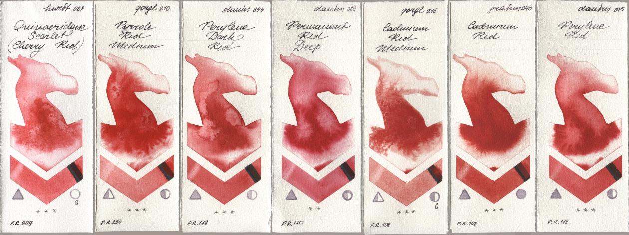 Holbein Artists Watercolor 027 Quinacridone Scarlet (Cherry Red), Golden QOR 210 Pyrrole Red Medium, Shminke Horadam Aquarell 344 Perylene Dark Red, Daniel Smith 069 Permanent Red Deep, 215 Cadmium Red Medium, M. Graham & Co. Artists 040 Cadmium Red, 075 Perylene R watercolor swatch
