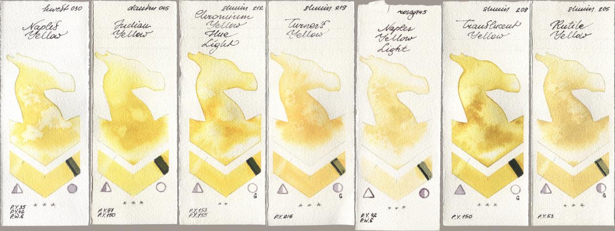 Holbein Artists Watercolor 030 Naples Yellow, Daniel Smith 045 Indian Yellow, Shminke Horadam Aquarell 212 Chromium Yellow Hue Light, 219 Turner‘s Yellow, Rosa Gallery 745 Naples Yellow Light, 209 Translucent Yellow, 205 Rutile Yell watercolor swatch