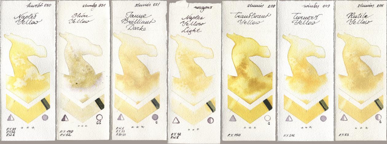 Holbein Artists Watercolor 030 Naples Yellow, Shminke Horadam Aquarell 931 Shire Yellow, 221 Brilliant Yellow Dark (Jaune Brilliant Dark), Rosa Gallery 745 Naples Yellow Light, 209 Translucent Yellow, Winsor & Newton Professional 649 Turners Yellow, 205 Rutile Yell watercolor swatch