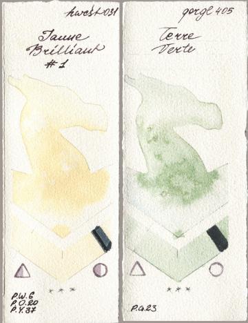 Holbein Artists Watercolor 031 Jaune Brilliant No 1 vs Golden QOR 405 Terre Verte watercolor swatch