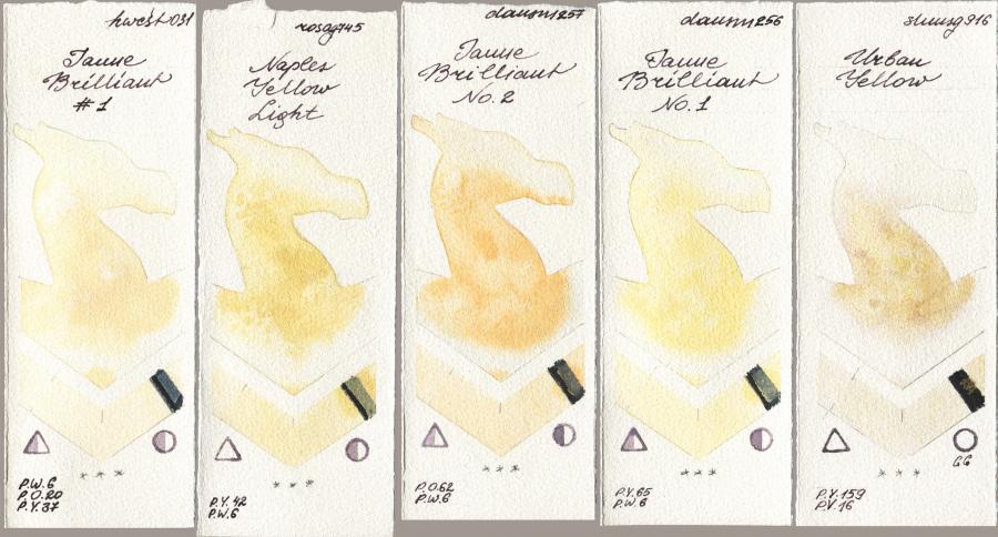 Holbein Artists Watercolor 031 Jaune Brilliant No 1, Rosa Gallery 745 Naples Yellow Light, Daniel Smith 257 Jaune Brilliant No 2, 256 Jaune Brilliant No 1, Shminke Horadam Aquarell 916 Urban Yell watercolor swatch