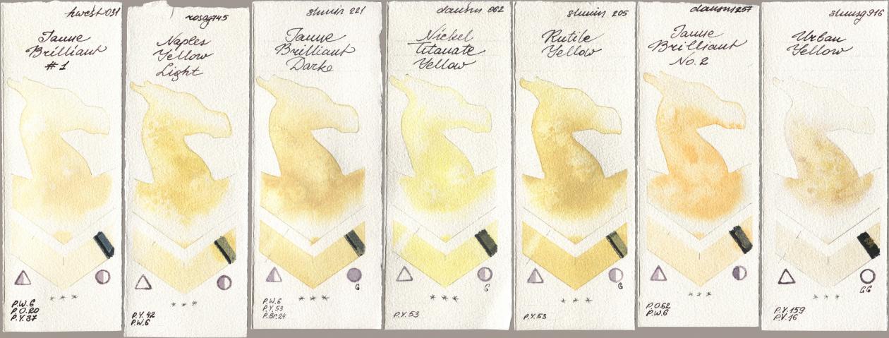 Holbein Artists Watercolor 031 Jaune Brilliant No 1, Rosa Gallery 745 Naples Yellow Light, Shminke Horadam Aquarell 221 Brilliant Yellow Dark (Jaune Brilliant Dark), Daniel Smith 062 Nickel Titanate Yellow, 205 Rutile Yellow, 257 Jaune Brilliant No 2, 916 Urban Yell watercolor swatch