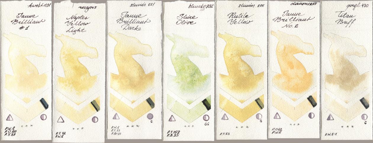 Holbein Artists Watercolor 031 Jaune Brilliant No 1, Rosa Gallery 745 Naples Yellow Light, Shminke Horadam Aquarell 221 Brilliant Yellow Dark (Jaune Brilliant Dark), 932 Shire Olive, 205 Rutile Yellow, Daniel Smith 257 Jaune Brilliant No 2, Golden QOR 430 Titan Bu watercolor swatch